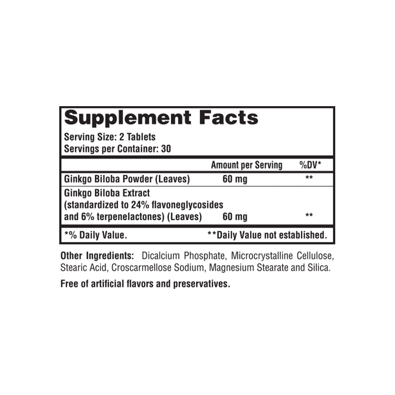 Ginkgo Biloba 60mg - 60 Tabs for Memory and Focus